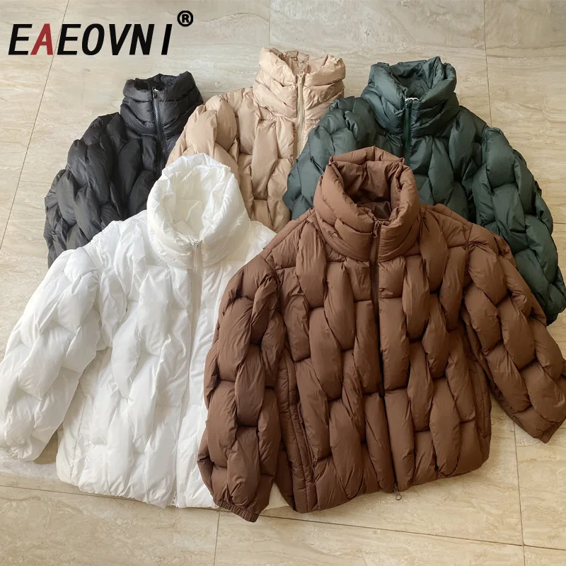 

EAEOVNI зимний вязаный складной дизайн пуховик женская мода воротник-стойка с длинным рукавом на молнии однотонное хлопковое пальто повседневное новое