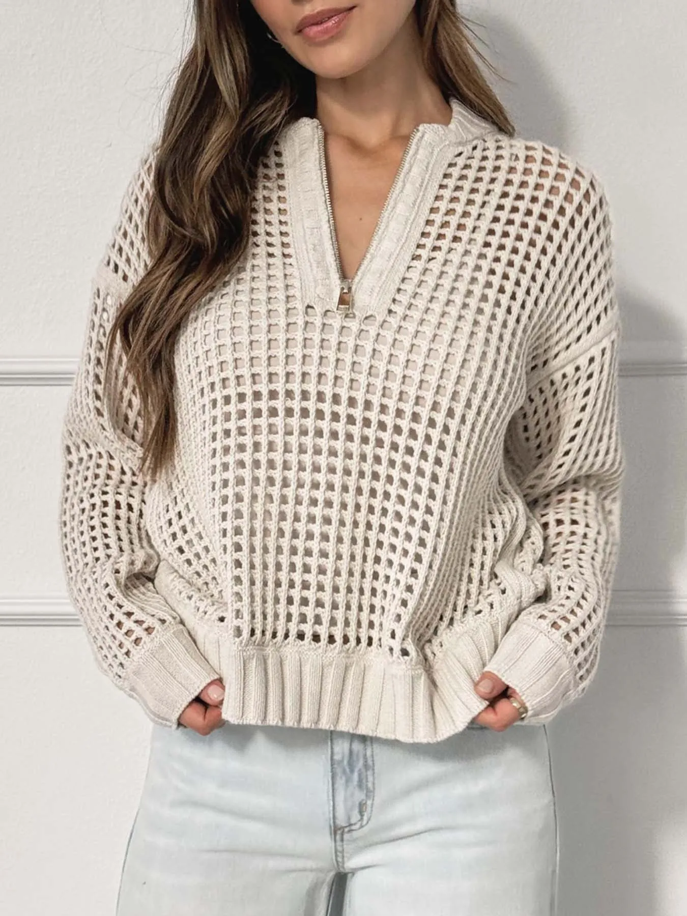 

Casual Hollow Sweater For Women Loose O-neck Zipper Long Sleeve Solid Color Knitted Pullover Autumn New Lady Commuter Top