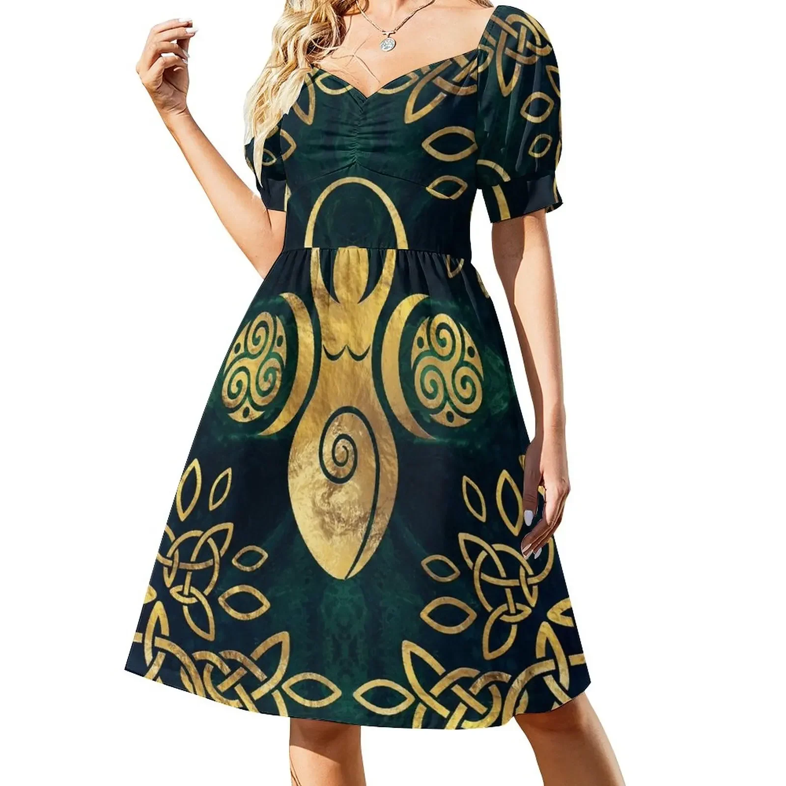 Triple Goddess with triskele - gold on shimmer green Short-Sleeved Dress beach dress dresses for woman