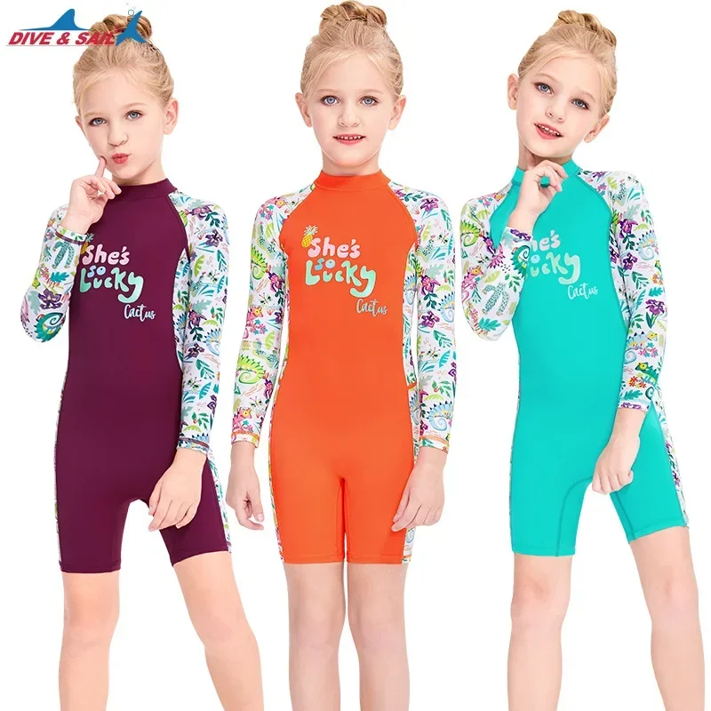 

Kids Swimsuit Sunscreen One-piece Swimwear Children's Girls Beach Long Sleeves Short Legs Quick Drying Snorkeling Swimming Suit
