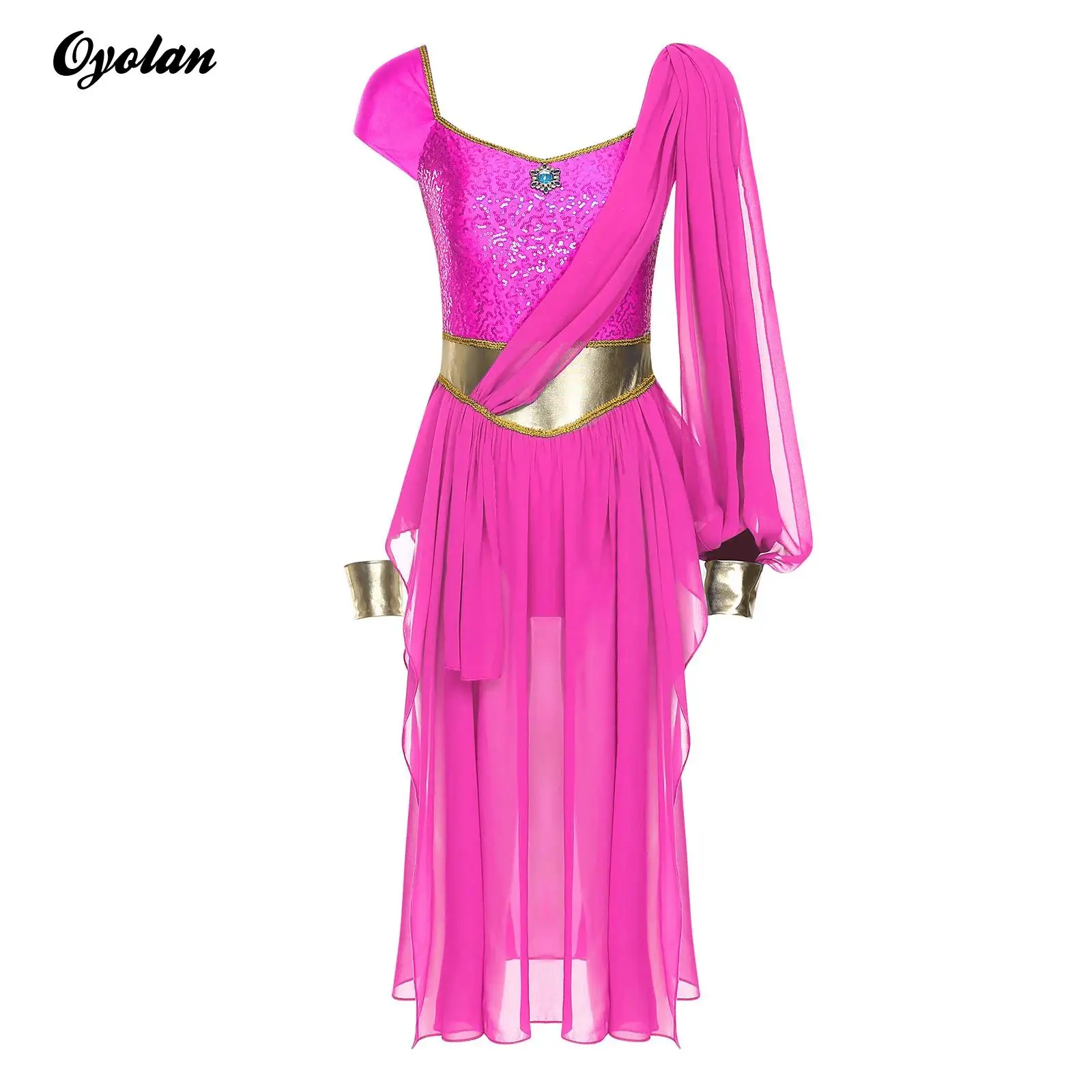 

Womens Indian Lamp Jasmine Jumpsuit Sequin Bodice Belly Dance Leotard Dress Arab Princess Arabian Oriental Cosplay Costume