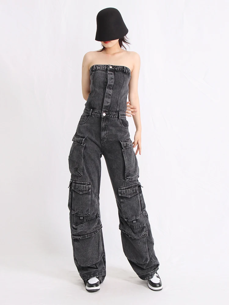 TWOTWINSTYLE Spliced Denim Jumpsuits For Women Strapless Sleeveless High Waist Patchwork Pockets Casual Jumpsuit Female Clothing