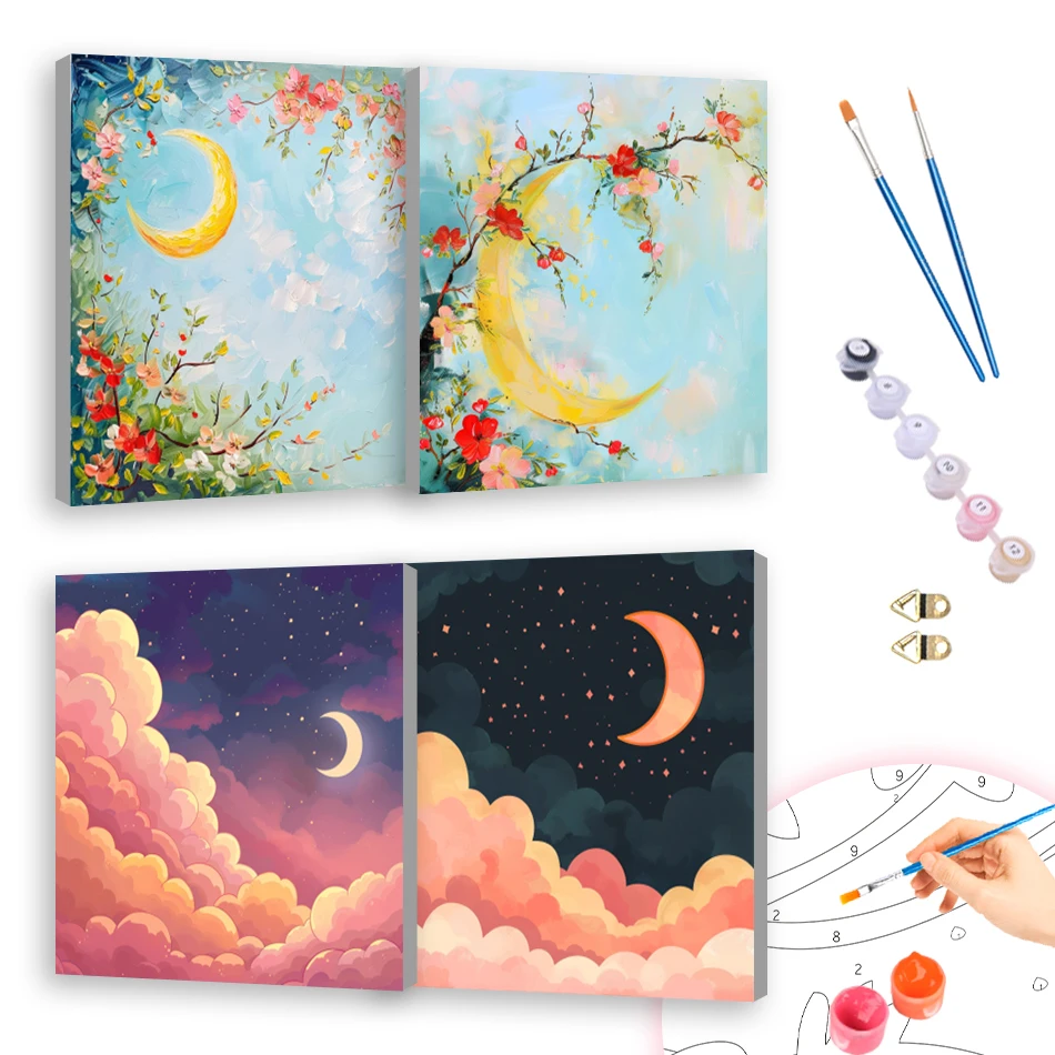 

RUOPOTY Oil Painting By Numbers Acrylic Paints Romantic Moon Scenery 20x20cm ready Frame For Beginner Simple Picture Drawing Kit