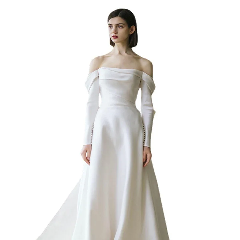 Vestido de novia principal ligero con un hombro de una palabra, novedad de 2025, vestido de novia francés sexy de otoño blanco de manga larga para reunión anual