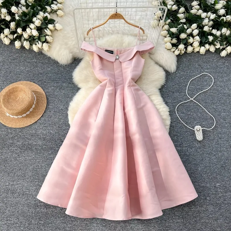 Elegant Rhinestone Vintage Off Shoulder Chic Pleated Slim Long Ball Gown Straps Dress French Evening Women High Street Clothing