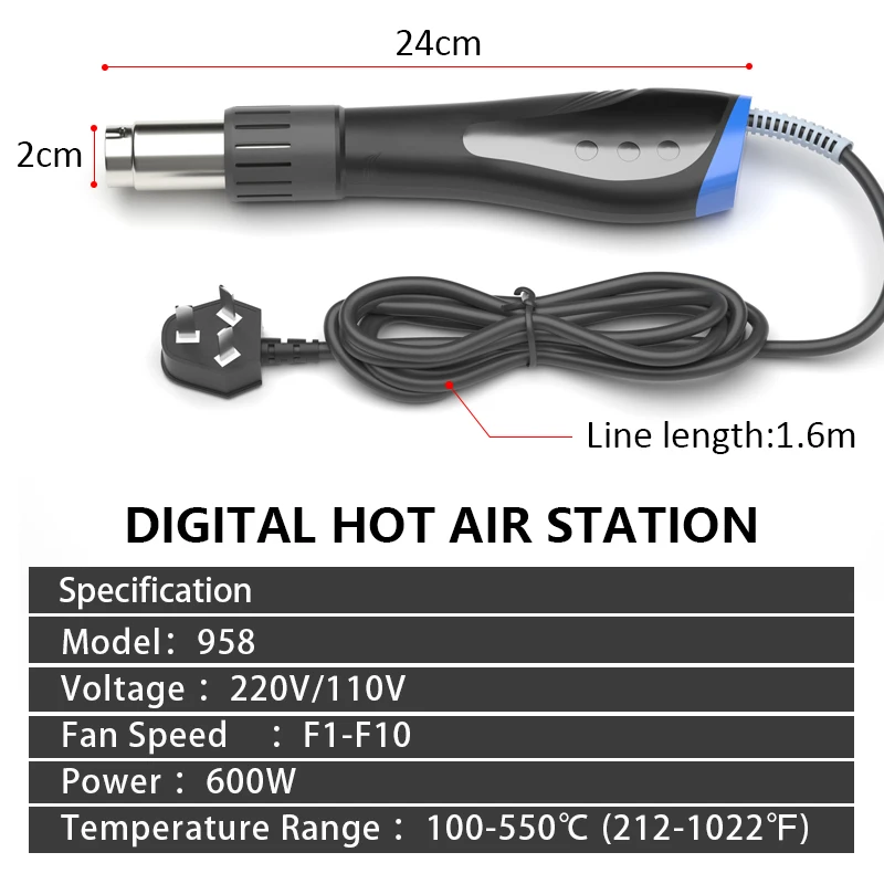 600W Soldering Tools Set Portable LCD Digital Display Temperature Industrial BGA Rework Heat Gun SMD SMT Repair Heat Gun