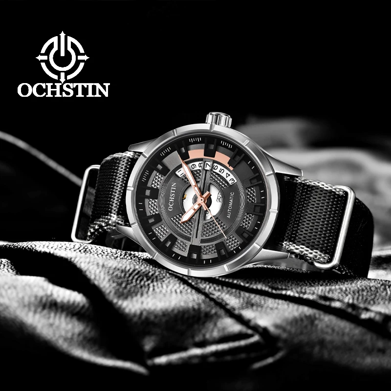 OCHSTIN Fully Automatic Mechanical Movement Watches Leather Strap Creative Nylon Series Mineral Hardened Glass Waterproof Watch