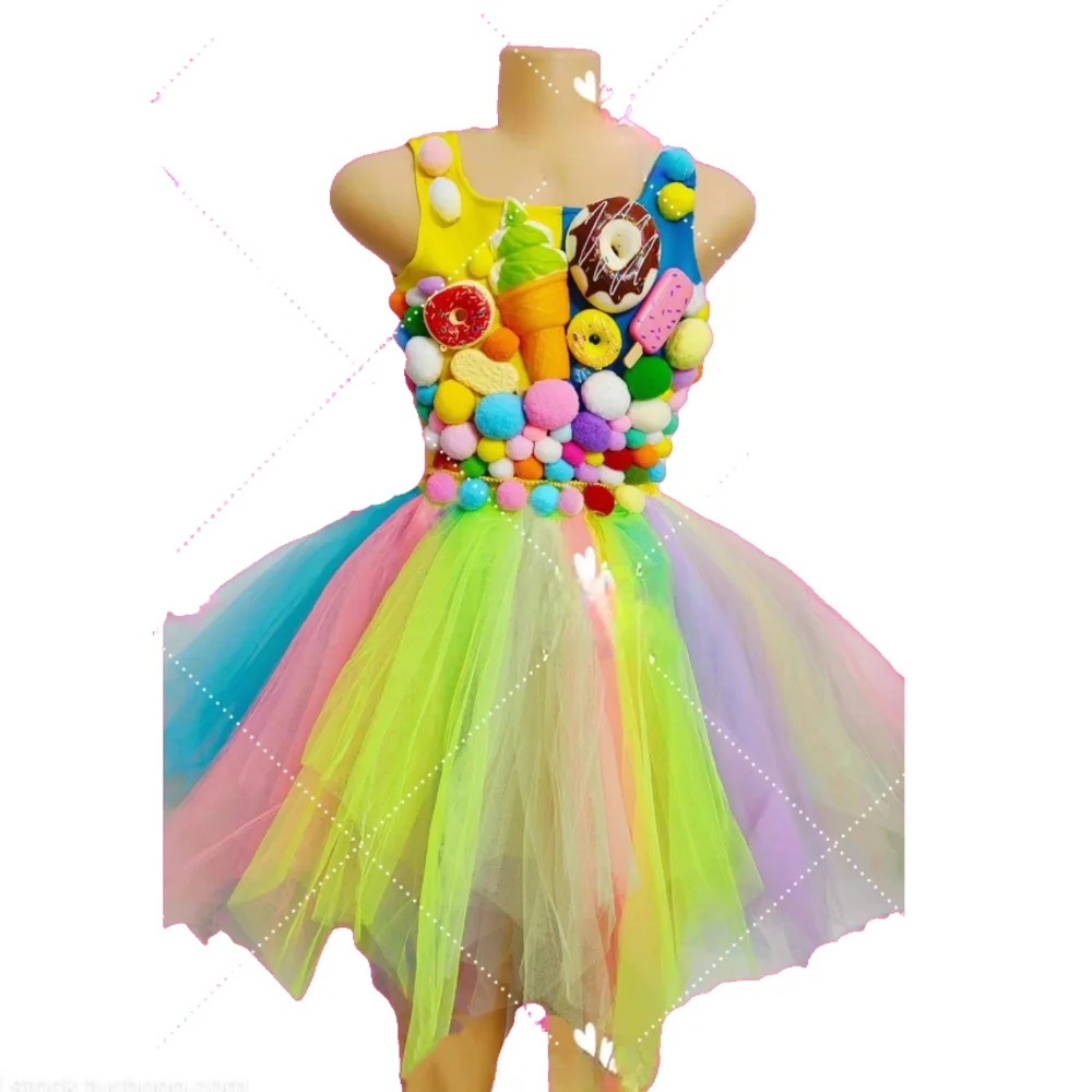 

Christmas Candy Cake Puff Dress Rainbow Color Dance Singer Costume Bar Nightclub Party Birthday Stage Rave Performance Clothing