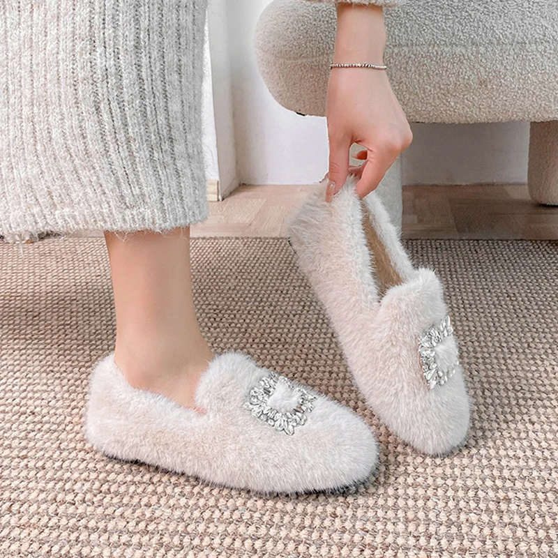 

Rabbit Fur Loafers Women Shoes Rhinestone Ballet Flats Fashion Square Toe Shallow Shoes Vintage Slip on Furry Slides Big Size