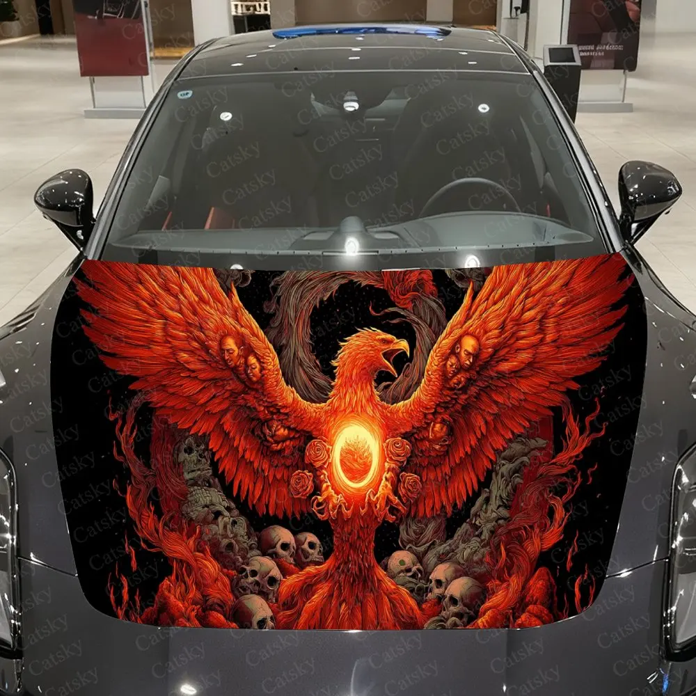 Phoenix & Skull Totem Car Vinyl Wrap, PVC Waterproof Car Hood Sticker, Self-Adhesive Scratch-Resistant Stickers