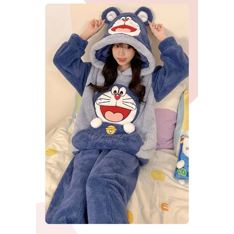 

doraemon autumn winter pajamas female cartoon cute thickened fleece coral velvet plus size fat mm dormitory fashion loungewear