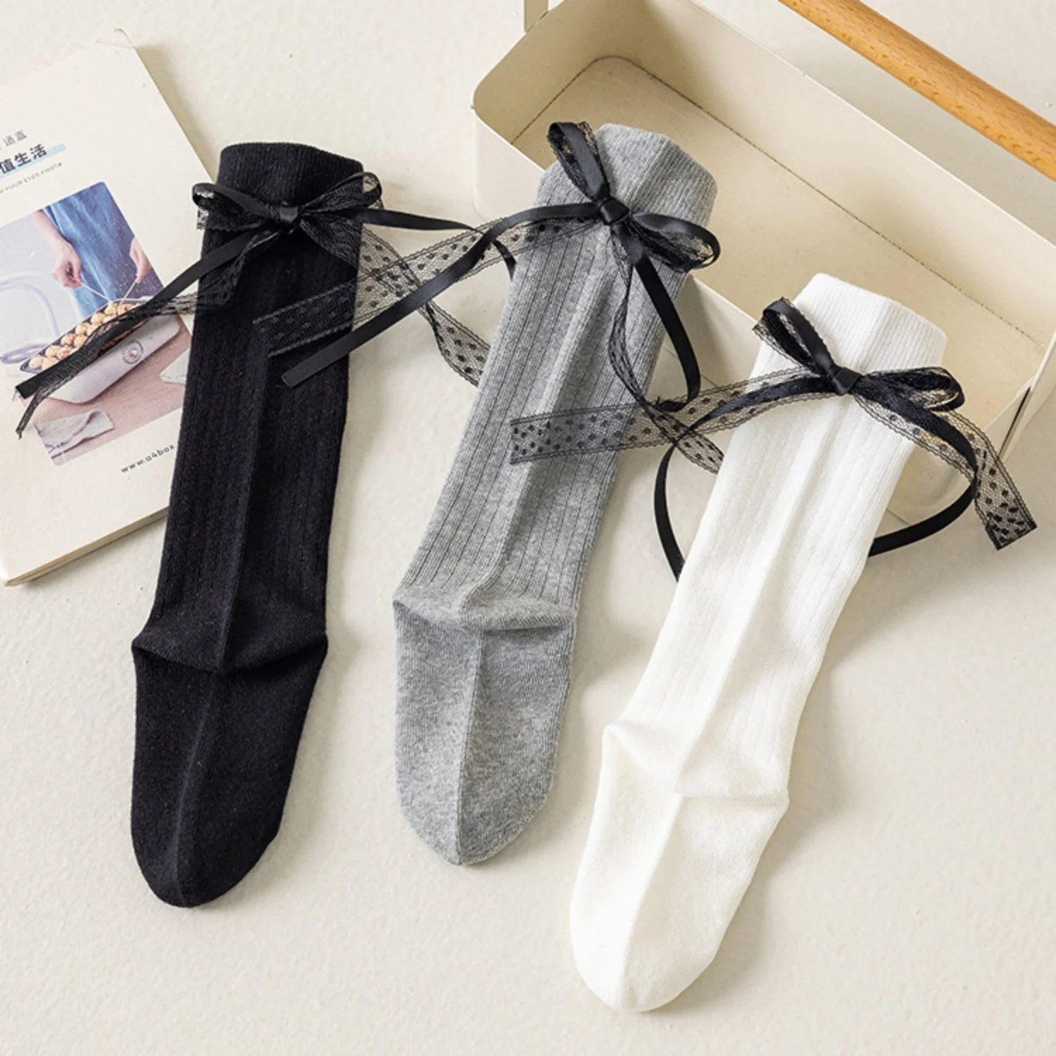 3pcs Kids Knee High Socks Baby Girls Bowknot Flat Long Sock Soft Cotton Solid Children Princess All Seasons Socken For 3-12Years