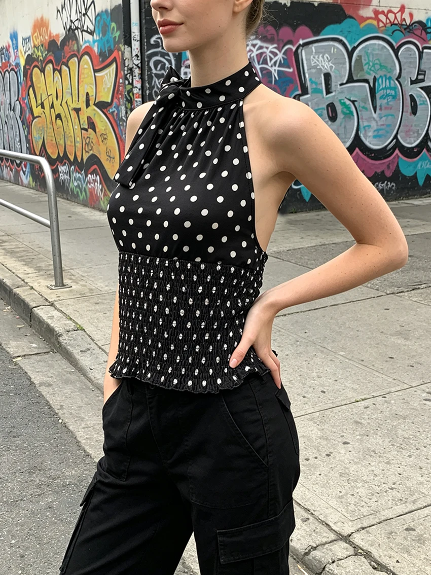 Fashion Chic Vintage Polka Dot Halter Camisole Self Bow Neck Smocked Ruffle Hem Backless Sleeveless Women Summer Streetwear Tops