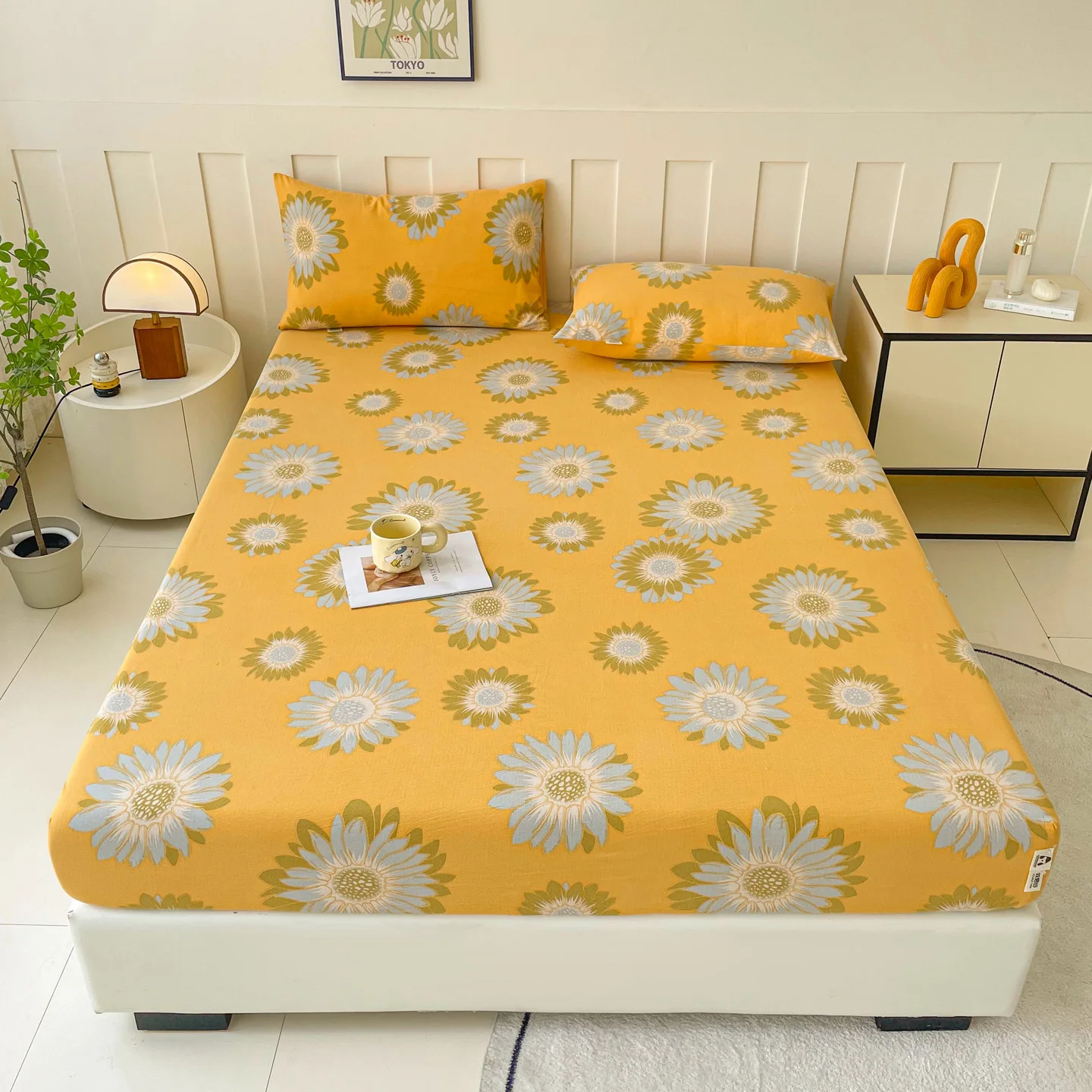 ملاءة من القطن المغسول مع أشرطة مرنة، غطاء مرتبة قابل للتعديل غير قابل للانزلاق، مطبوع من القطن الخالص لـ Double King Queen