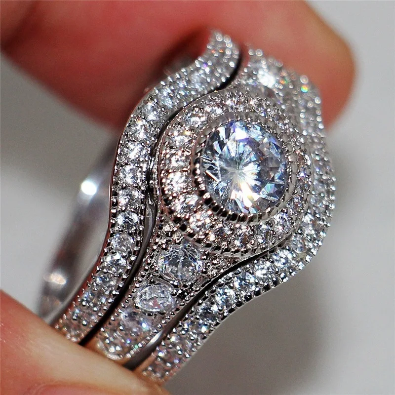 925 Sterling Silver Sparkling Light Luxury High-End Round Full Diamond Three Piece Set Ring Exquisite Socialite Combination Jewe