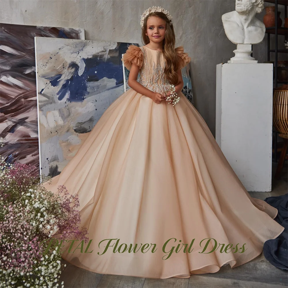 Petal Champagne Soft Princess Girls Dress Round Neck Short Sleeve Ball Gown Party Tutu Dresses Rhinestone Tutu Fluffy Prom Gown