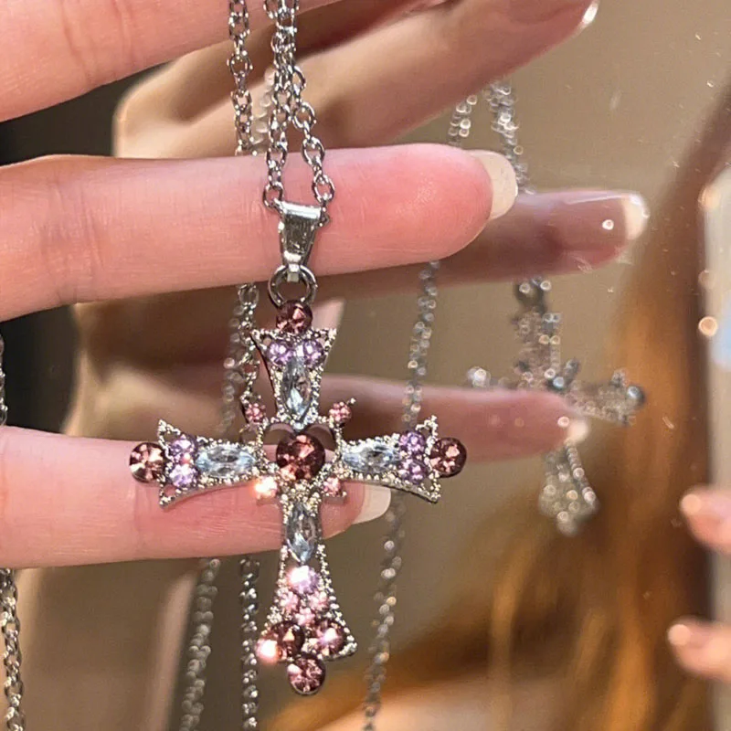 Gothic Pink Cross Necklaces Y2K Purple Zircon Punk Pendant Necklace Grunge Heart Cross Necklace for Women Jewelry Accessories