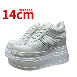 European Invisible Inner Height Increased 14CM Casual Shoes for Women Genuine Leather Thick-soled Summer Thin Hollow Dad's Shoes