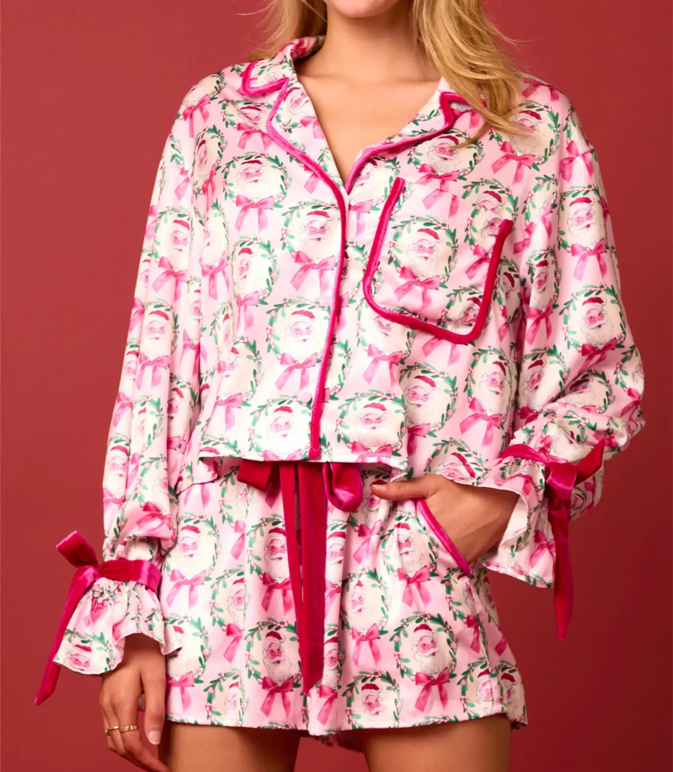 Christmas Tree Pajama Sets for Women 2 Piece Cute Santa Silk Pjs Xmas Bow Tie Long Sleeve Pajamas Shirt Ruffle Shorts Jammies