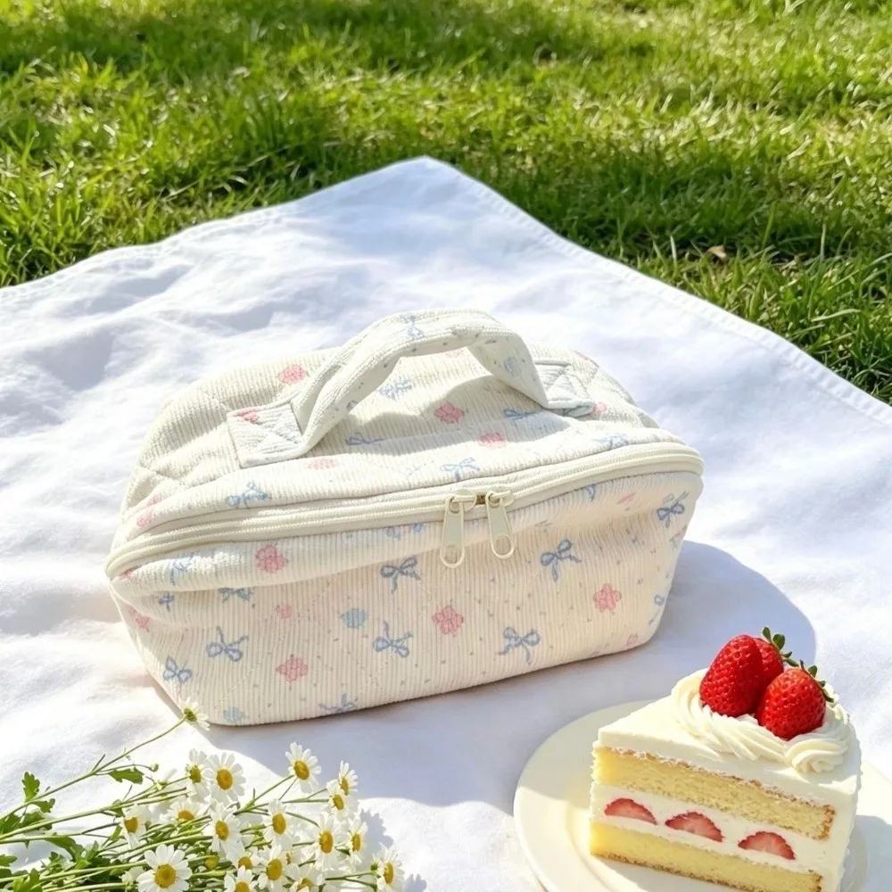New Corduroy Cosmetic Bag Large Capacity Bow Print Makeup Organizer Portable Multi-Compartment Travel Toiletry Bag