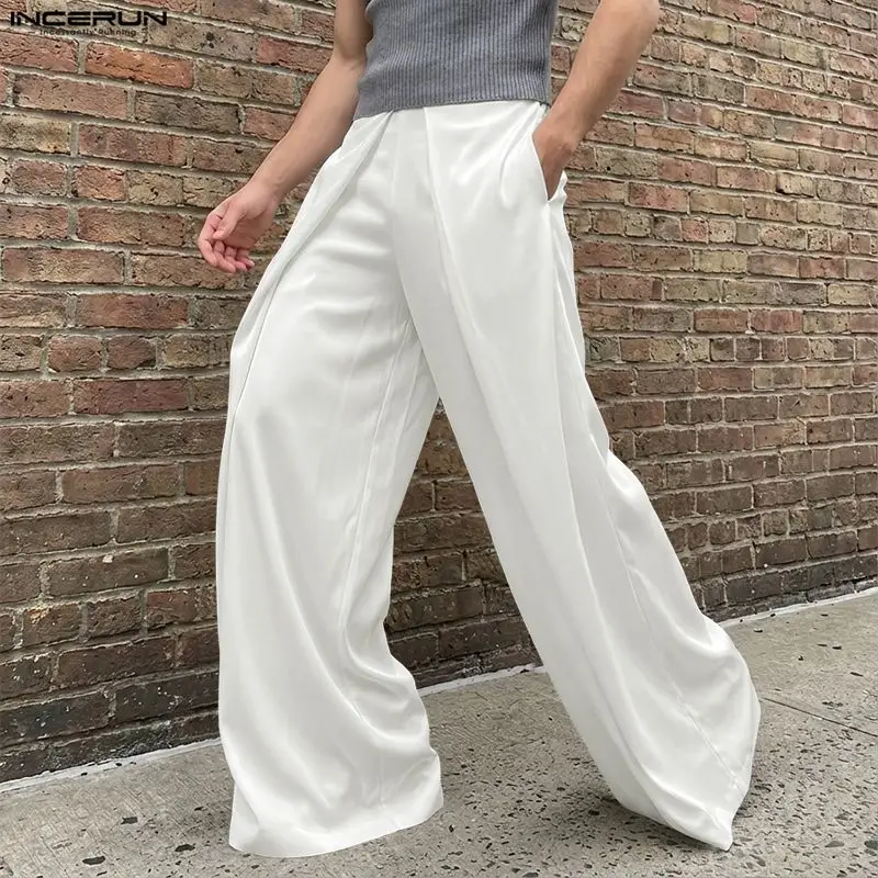 

INCERUN Men Pants Solid Color Elastic Waist Joggers Casual Male Wide Leg Pants Streetwear Oversize 2026 Fashion Trousers Men