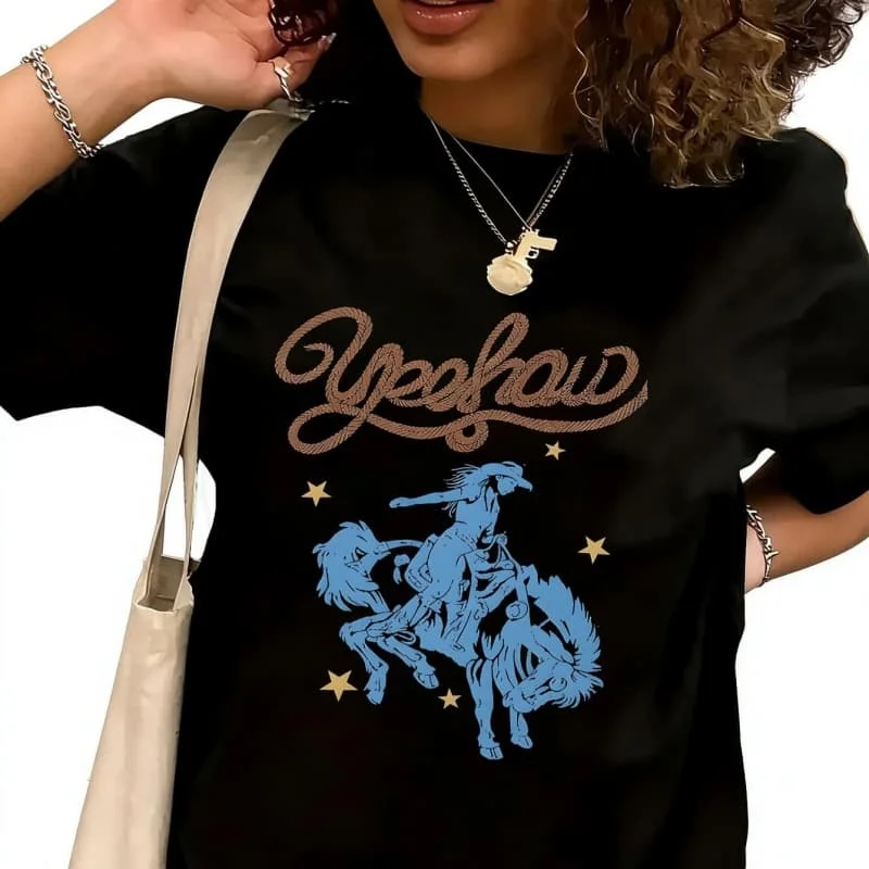 Cowgirl Western Fringe Women's T-Shirt 100% Cotton Funny Graphic Short Sleeve Tee Novelty Shirt Casual Crew Neck Top S-5XL