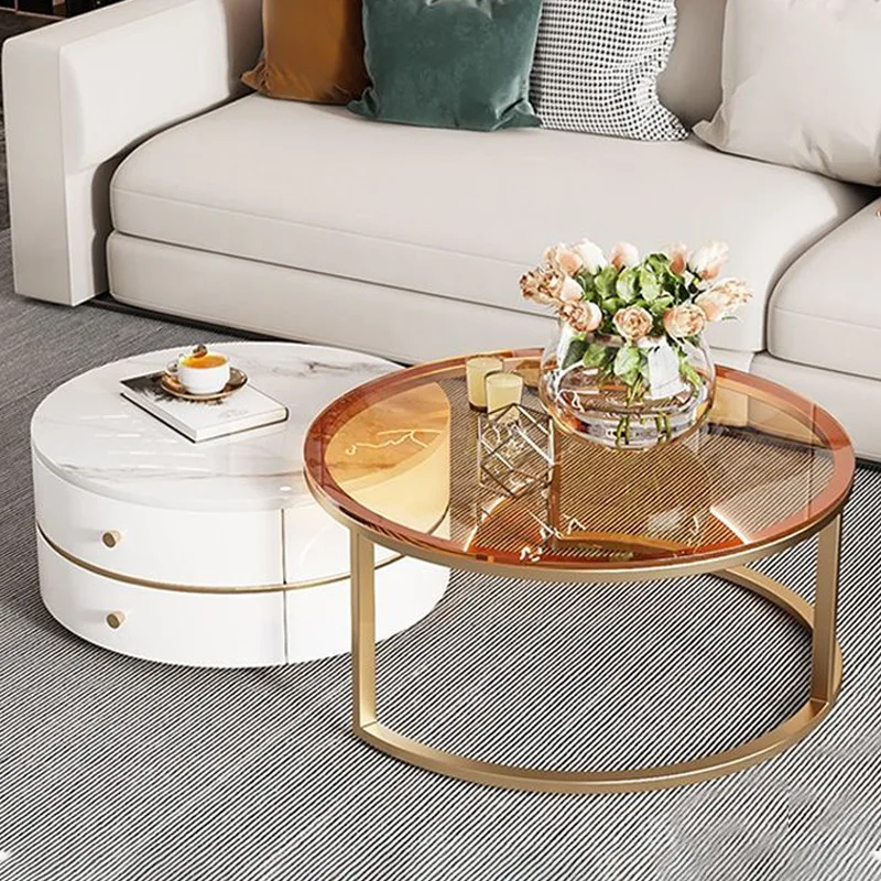 

Italian telescopic round rock slab small coffee table, light luxury modern simple living room home coffee table