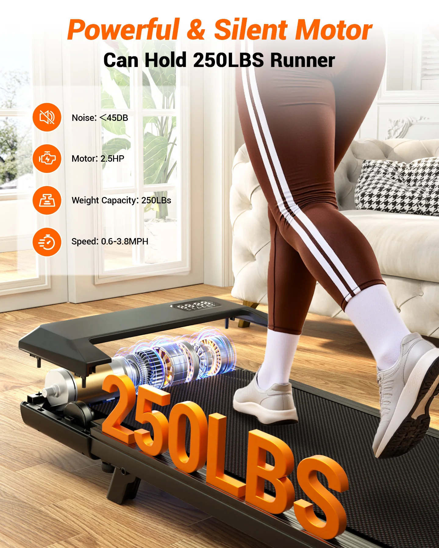 Faltbares Laufband mit 6% Steigung für unter den Schreibtisch, 2,5 PS, leises Gehpad, tragbar, Fernbedienung, LED-Display, 300 LBS Tragkraft, Trainings-Gehpad – Detail 4