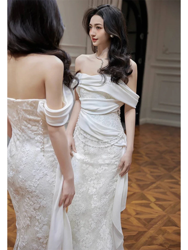 

Ele Lace Bridal Gown One oulder Fi Tail Wedding Dr White Cus Made Engagement Par out Door Veil mid Waist