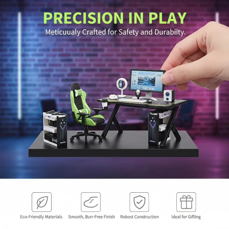 1/12 Dollhouse Tiny Gaming Desk Chair Set with Simulated Computer Monitor Host Model for Micro Landscape Craft Making view 6