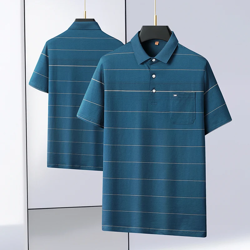 8XL 7XL 6XL 2024 New Summer 100% Cotton Striped Polo Shirt Men High End Luxury Mens Shirts With Pocket Casual Loose camisas polo