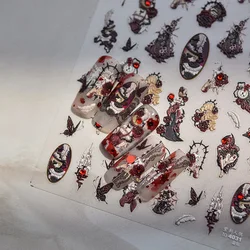 1pc Nail Stickers Darkness Doll Girl Butterfly Rose Feather Horror Embossed Self Adhesive Nail Art Sticker 5D Decorations Decal