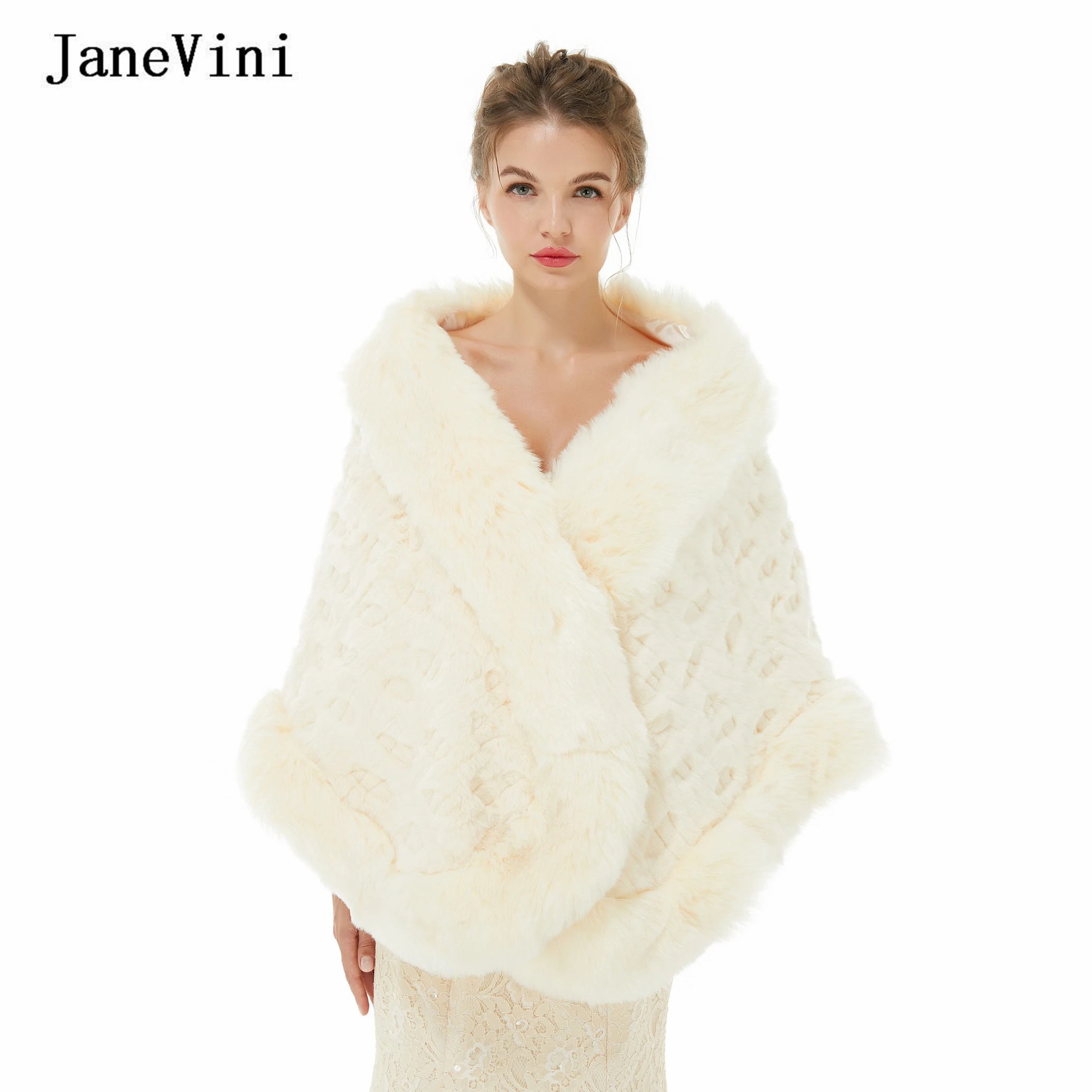 JaneVini Elegant Beige Cloak Fur Faux Winter Bolero Bridal Imitation Fur Shawls Wedding Cape Soft Wraps Jacket for Evening Party