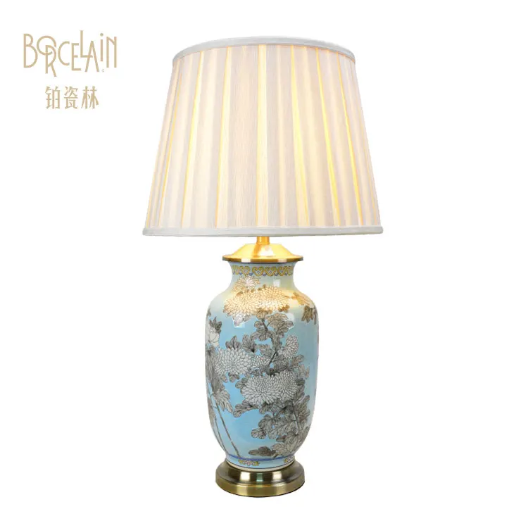 Good Quality Blue Ceramic Desk Lamp, Flower Pattern Led E27 Home Decorative Table Lamp Made in China