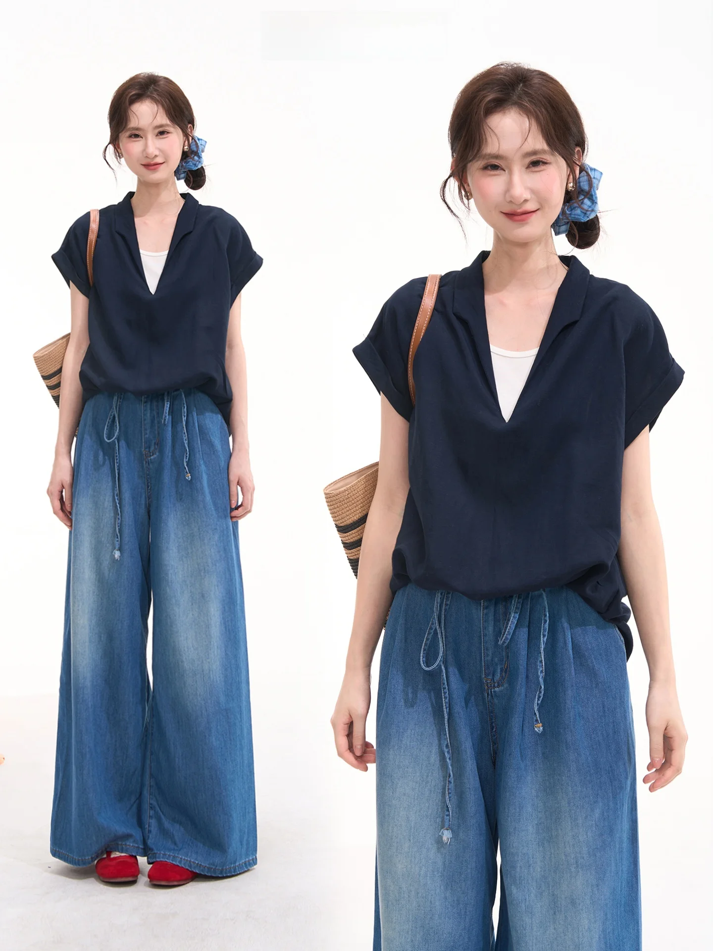 

Summer Sweetheart Loose Fit Short Sleeve Cotton Shirt Women's Commute Casual Style Fake Two-Piece Design Comfortable Shirt