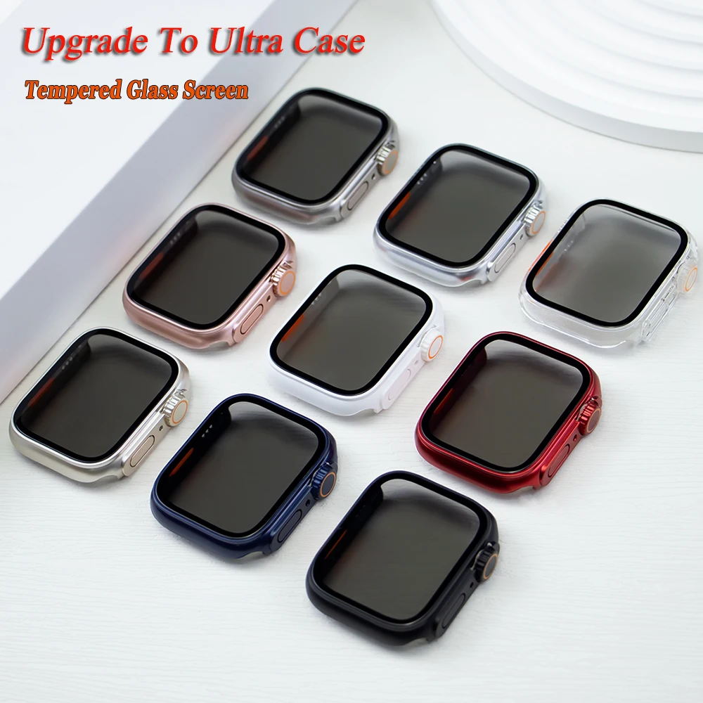 Tempered Glass Screen+Case For Apple Watch Serie 9 8 7 6 5 4 Screen Privacy Protector Change to Ultra For iwatch 45mm 44 41 40mm