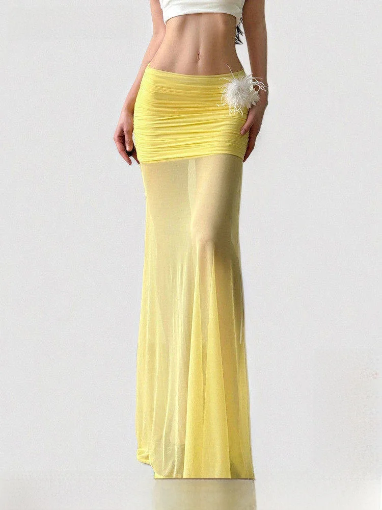 Funoff Southeast Asian Style Half Skirt with Fish Tail Netting Beach Vacation Long Draping Skirt Yellow 3D Floral Decoration