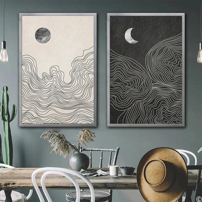 Abstract Neutral Boho Sun Moon Line Art Canvas Painting Black and White Print Picture Artwork Modern Minimalist Room Decor