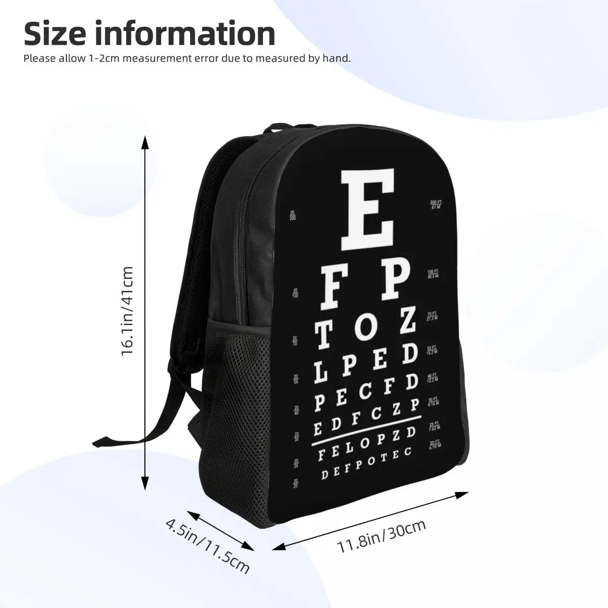 Mochila con gráfico de ojos Snellen para hombres y mujeres, resistente al agua, para escuela, universidad, optometrista, bolsa de examen de ojos, mochilas con estampado