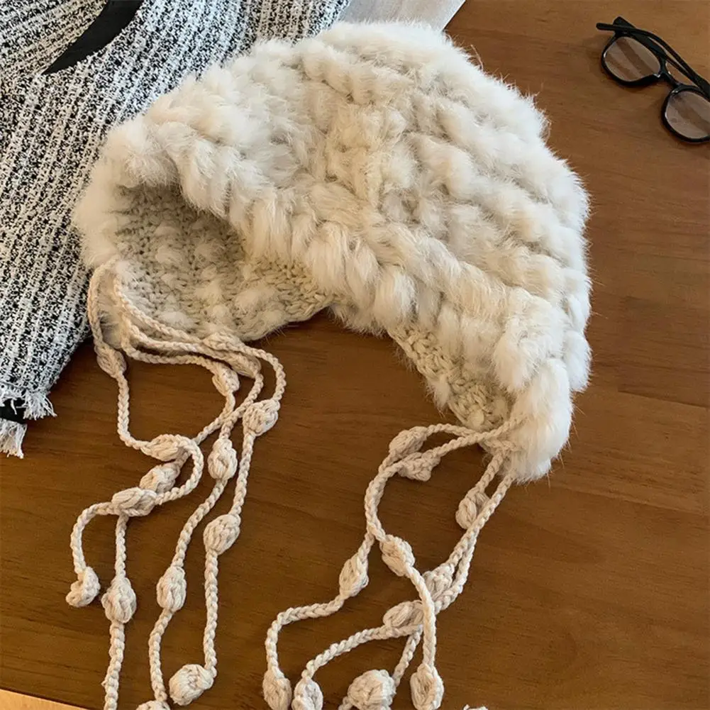 Women Knit Hat Women’s Rabbit Fur Blend Knit Hat Solid Color Tassel Comfortable Stretch Fit Winter Skiing Warm Headwear Cozy