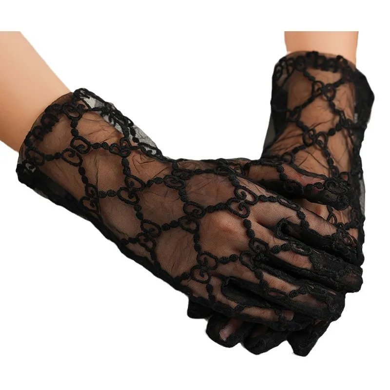Vintage Black Lace Gloves Bridal Wedding Dress Accessories Mesh Perspective Embroidery Cosplay Props