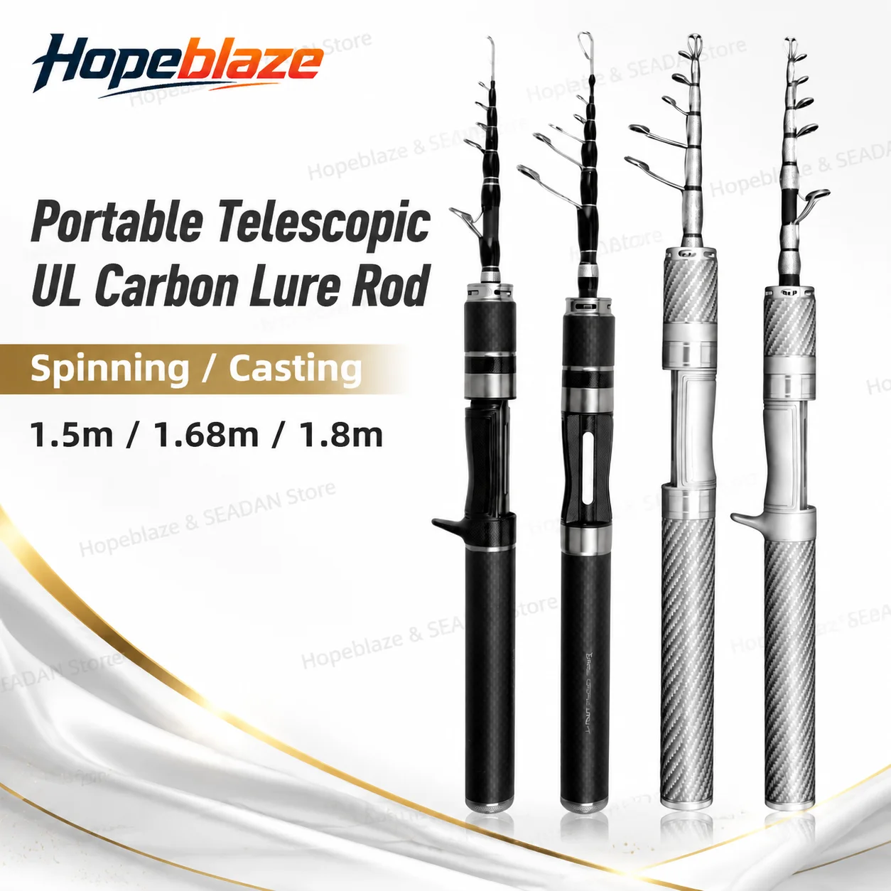 Hopeblaze Schwarz/Weiß Tragbare Teleskop-UL-Carbon-Angelrute 1,5/1,68/1,8m Spinn- und Wurfangelrute für Süß- und Salzwasser