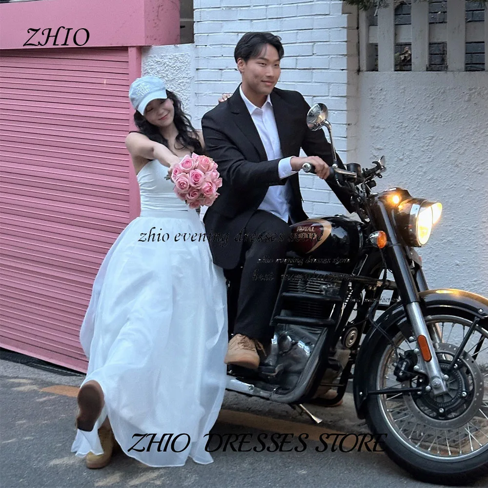 

ZHIO White A-line Dress Satin Korean Wedding Sleeveless Customized Floor Length Outdoor Wedding Simple Ceremony Street Shooting