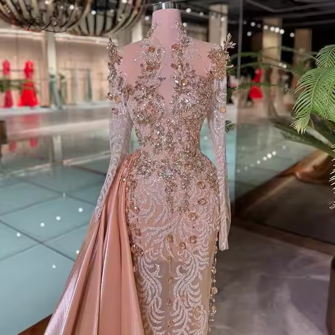 Gorgeous Mermaid Dress champagne evening dress with train crystal embroidered lace long sleeve dress party gown customizable