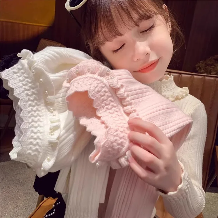 Spring Girls Sweaters Knit Pearl lotus leaf collar Pullover Tops Turtlrneck Sweater 2-14 Child winter Clothes Kids knitwear0-170