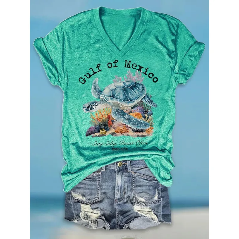 Women's Short Sleeved T-shirt Casual V-neck Summer Top Gulf of Mexico Japanese Printed T-shirt Hot New