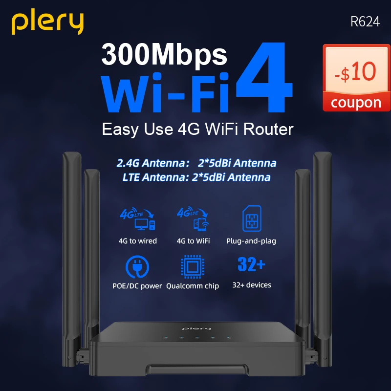 

WIFI4 4G CAT4 Router For Outdoor IP Camera/CPE 300Mbps LTE Type-C/DC Power 4*5dBi Antennas Supports 32 Devices 4G To Wired/WIFI