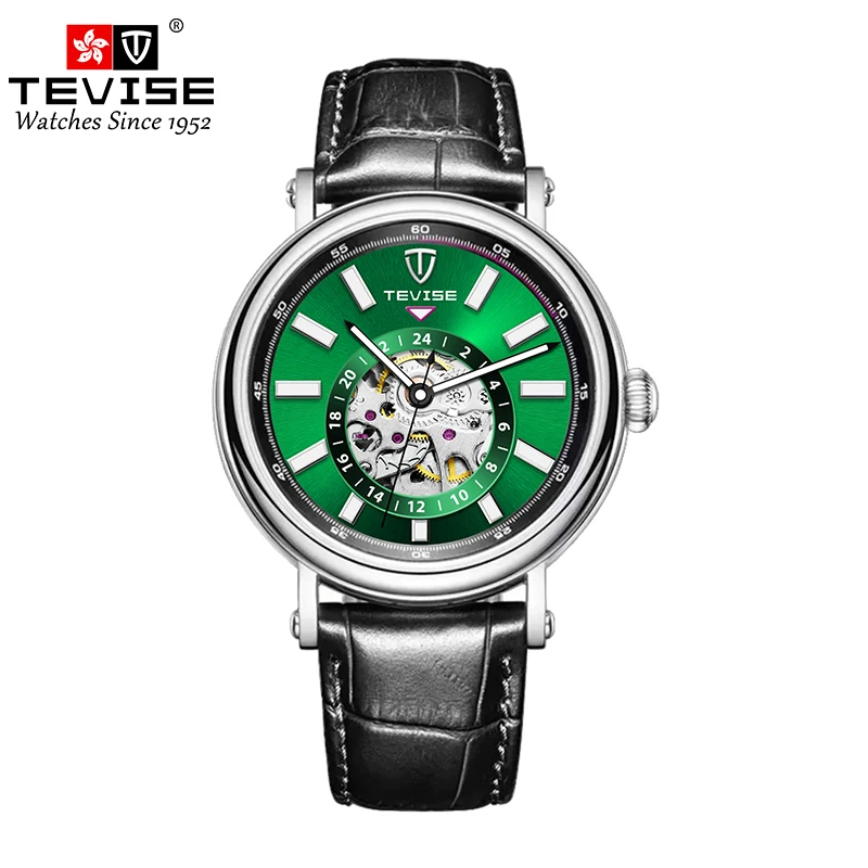 TEVISE Mechanical Watch Men Automatic Watch Leather Strap Luminous Skeleton Watch Causal Business Watch