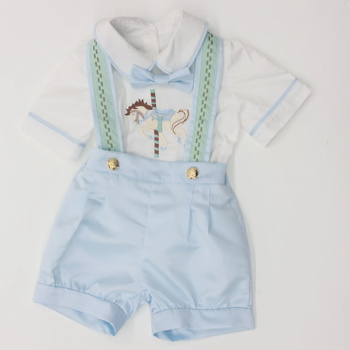 0-6Y Boy Summer Horse Embroidery Blue Outfit Suit for Easter Eid Birthday Holiday Photography B131