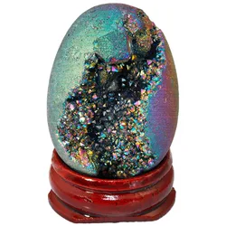 TUMBEELLUWA Rainbow Titanium Coated Druzy Geode Sphere,Crystal Quartz Agate Egg 40x30mm,Sculpture Figurine with Wood Stand